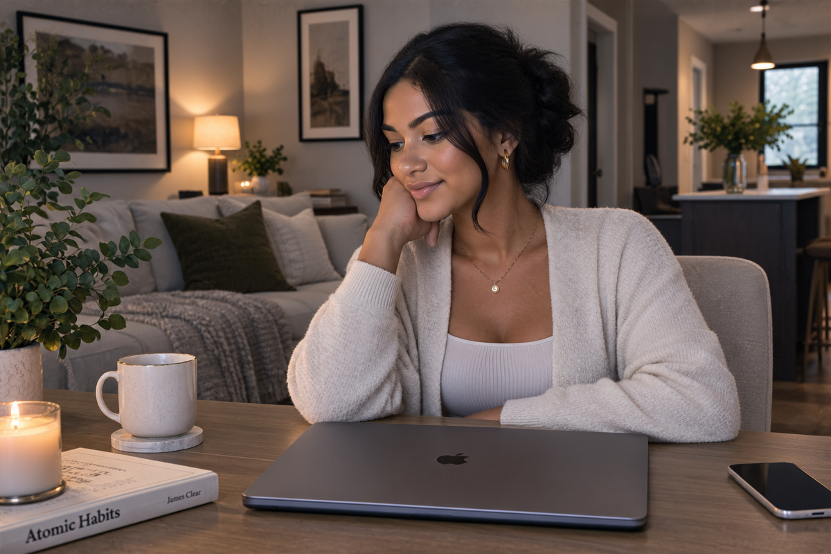 Busy professional winding down in a warm bedroom